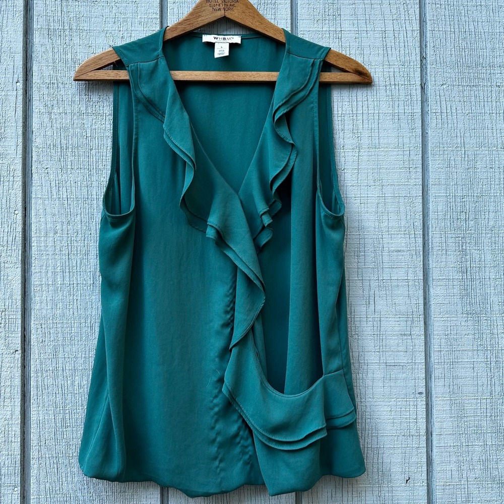 WHBM White House Black Market Women's Sleeveless Ruffle Blouse Green Top‎ Size L